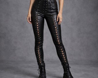 Pantalones de cuero negro hechos a mano / Pantalones con cordones para mujer, corte ajustado