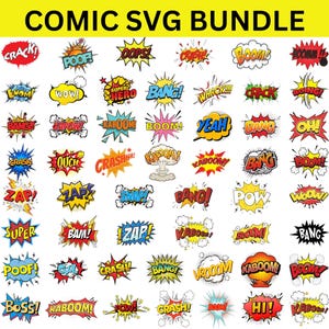 Puede incluir: Una colección de coloridas burbujas de diálogo estilo cómic con palabras como "BOOM", "POW" y "CRASH". El texto "COMIC SVG BUNDLE" está en la parte superior en amarillo. Adecuado para proyectos de arte digital.