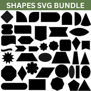 Peut inclure: Un ensemble de formes géométriques noires, comprenant des losanges, des cercles, des étoiles et des rectangles, sur fond blanc. Le texte "SHAPES SVG BUNDLE" est en haut. Ce lot propose divers éléments de design.