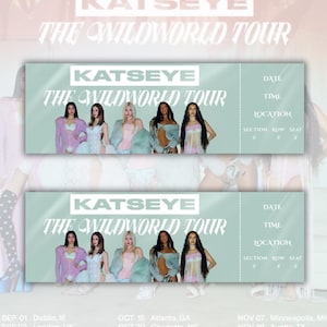 Op de afbeelding: Een concertticketontwerp voor de Katseye The Wildworld Tour met een groep van vijf personen in lichtgekleurde outfits. Het ticket bevat tijdelijke aanduidingen voor datum, tijd, locatie, sectie, rij en stoel, met een lijst van tourdata eronder.