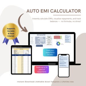 Peut inclure: Graphique d'un calculateur d'EMI automatique avec un ordinateur portable, une tablette et un smartphone affichant des données financières. Le texte comprend "Prend en charge les intérêts variables et fixes" et "Suivez vos remboursements visuellement !" Le graphique indique également "Suivi jusqu'à 30 ans de remboursement."