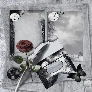 Puede incluir: Un collage en escala de grises con una rosa roja oscura, una mariposa negra y un tintero vintage. La composición incluye imágenes enmarcadas de una puerta, una luna y un cielo nublado, con elementos florales decorativos.
