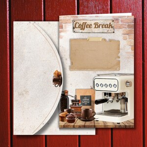 Pode incluir: Ilustração com tema de café com uma máquina de café expresso vintage, grãos de café, um moedor e doces. A imagem inclui um letreiro que diz "Coffee Break" e um papel em branco para anotações. A paleta de cores é quente e convidativa.