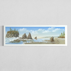 May include: A panoramic landscape painting featuring a coastal scene with large rock formations rising from the ocean, a sandy beach with scattered driftwood, evergreen trees on the cliffs, and a bright blue sky with white clouds.