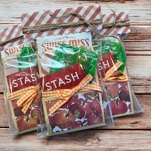 May include: Three gift bags filled with tea and hot chocolate packets. Each bag has a decorative tag with an orange gingham bow. The bags are sealed with a striped paper and twine.