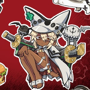 May include: A collection of colorful anime-style character stickers on a red background. The stickers feature various characters with weapons and accessories, including a gun, a large hook, and a teddy bear. One sticker has the word "FREE" on it.