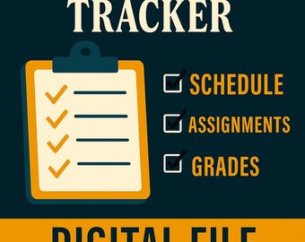 May include: Homeschool Planner & Tracker digital file. The image features a clipboard with checkmarks and lines, and the words "Schedule," "Assignments," and "Grades." The background is dark teal with orange accents.