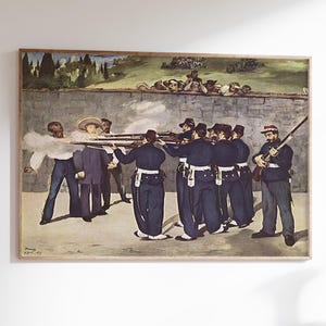 May include: A framed print of a historical painting depicting a firing squad. The artwork shows soldiers in dark blue uniforms aiming rifles at a group of figures. The scene is set against a stone wall with a landscape in the background.