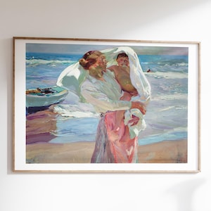 Joaquin Sorolla Print: Mother and Child, Sunlit Seashore Scene