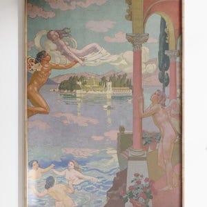 May include: A framed vintage print depicting a classical scene with figures in a lake, a building in the background, and a light blue sky. The print is in a wooden frame and has the text "APOLLO TIMELESS PRINTS" at the bottom.