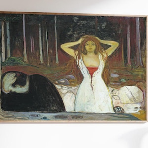 Symbolist painting by Edvard Munch showing a woman standing in a forest clearing with her hands raised to her head, her white dress open at the front. Behind her, a man sits on the ground with his head lowered. The dark trees and muted colors create a tense and emotional atmosphere. The scene expresses themes of heartbreak, regret, and emotional distance in a dramatic and powerful way.