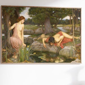 Echo and Narcissus Art Print by John William Waterhouse, Pre-Raphaelite Mythology Painting Poster, Famous Classical Museum Wall Art Decor