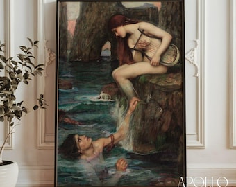The Siren Art Print by John William Waterhouse, Mythological Mermaid Painting Poster, Famous Classical Fantasy Wall Art Decor Home Interior