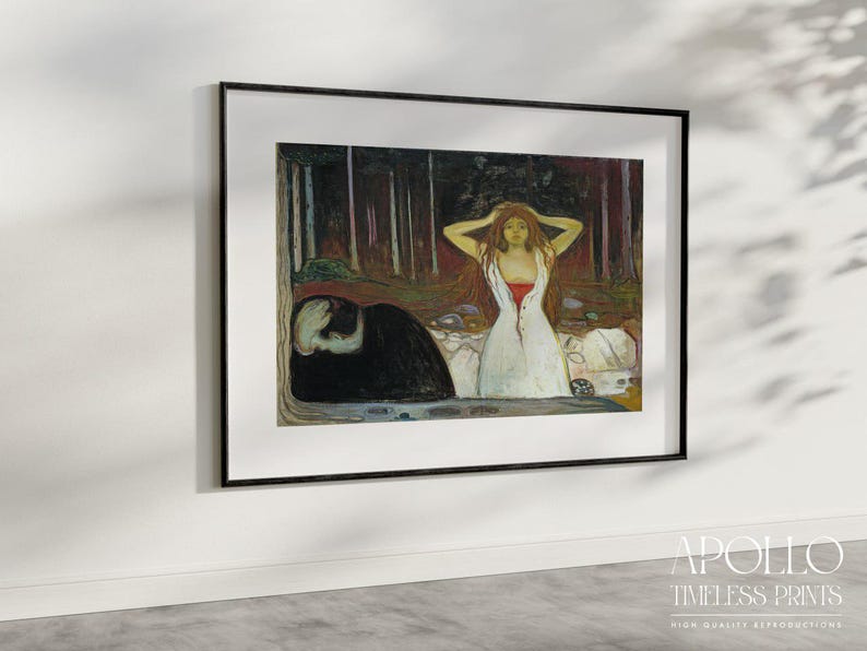 May include: Framed art print featuring a painting of a woman in a white dress with red accents, standing in a forest. A figure in black lies on the ground. The artwork is set in a black frame and is displayed on a white wall.