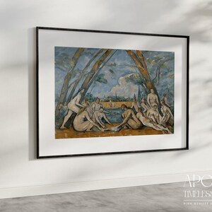 May include: Framed print of a classical painting depicting nude figures in a landscape. The artwork features a palette of blues, greens, and browns, with figures positioned near water and under trees. The print is in a black frame and mounted on a white wall.