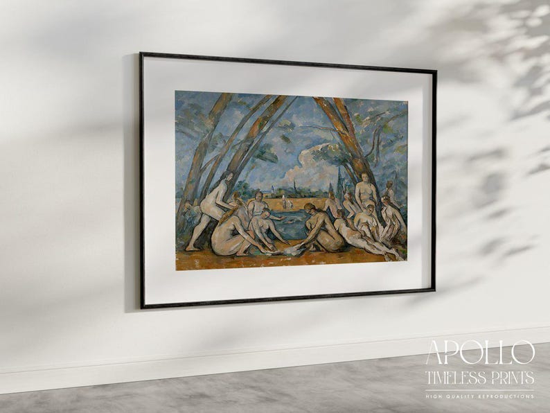 May include: Framed print of a classical painting depicting nude figures in a landscape. The artwork features a palette of blues, greens, and browns, with figures positioned near water and under trees. The print is in a black frame and mounted on a white wall.