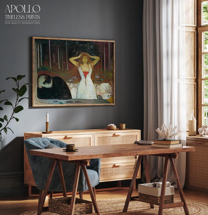 May include: A framed print of a painting hangs above a wooden cabinet. The artwork depicts a woman in a white dress with red accents, set against a forest backdrop. The text "APOLLO TIMELESS PRINTS" is in the upper left corner.