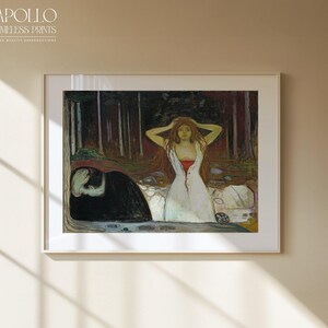 May include: Framed art print of a painting featuring a woman in a white dress with red accents, standing in a forest. A dark figure is in the foreground. The artwork has a vintage aesthetic.