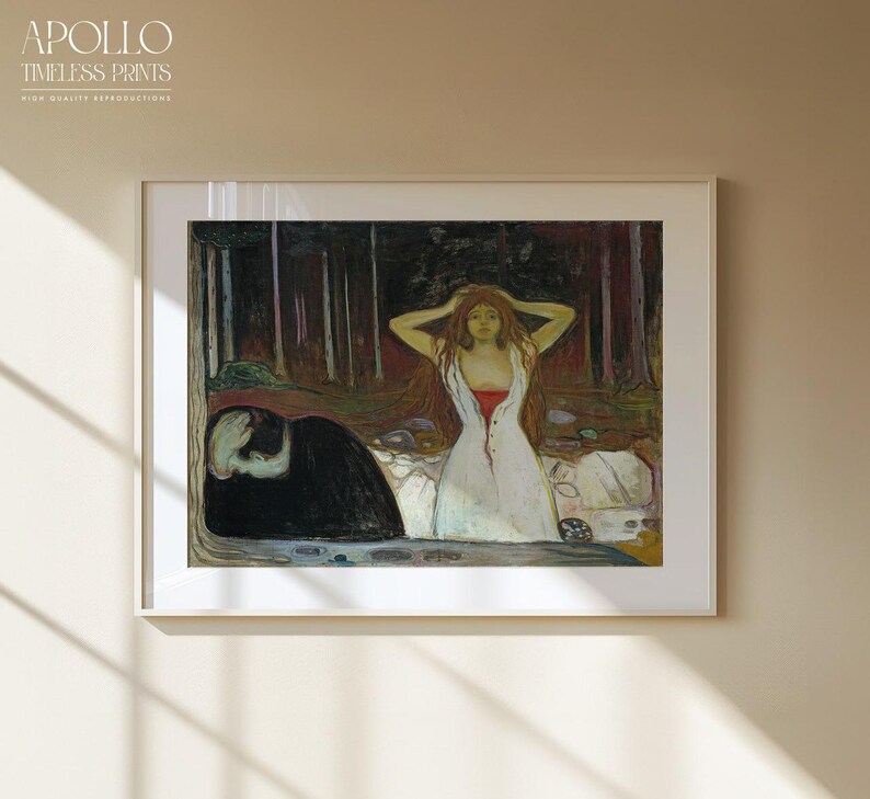 May include: Framed art print of a painting featuring a woman in a white dress with red accents, standing in a forest. A dark figure is in the foreground. The artwork has a vintage aesthetic.