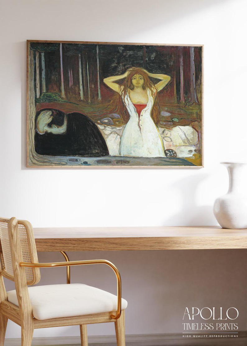 Symbolist painting by Edvard Munch showing a woman standing in a forest clearing with her hands raised to her head, her white dress open at the front. Behind her, a man sits on the ground with his head lowered. The dark trees and muted colors create a tense and emotional atmosphere. The scene expresses themes of heartbreak, regret, and emotional distance in a dramatic and powerful way.