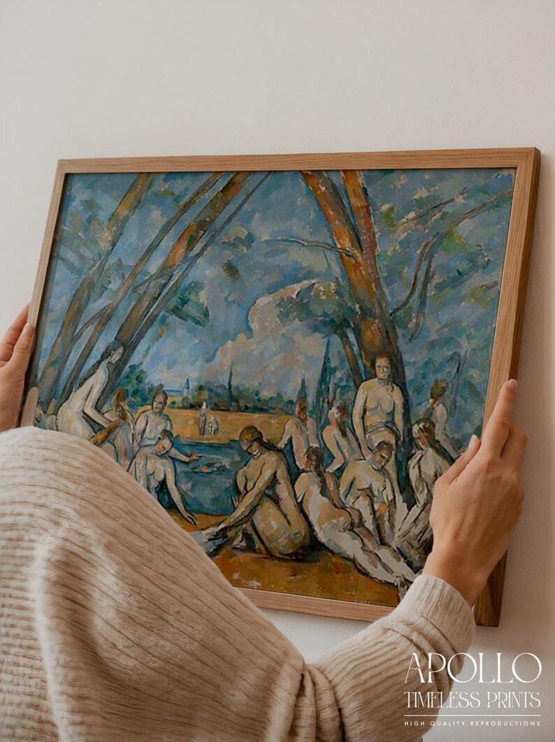 May include: A framed print of a classical painting depicting nude figures in a landscape with trees and water. The artwork features a palette of blues, greens, and browns, with the text "APOLLO TIMELESS PRINTS" at the bottom.