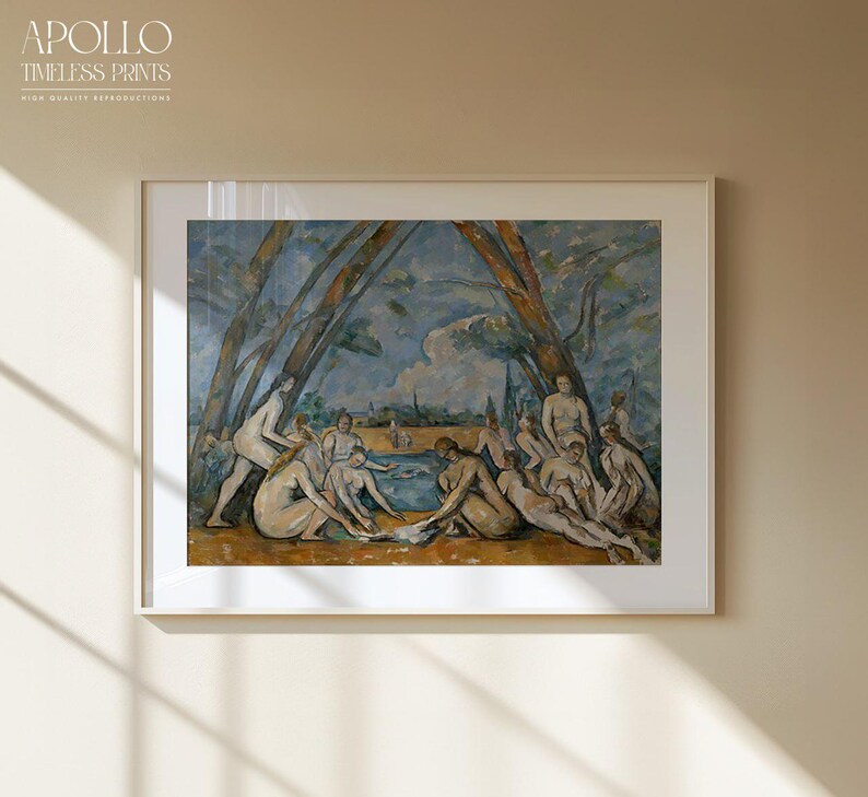 May include: Framed art print of a classical painting depicting nude figures near a body of water. The artwork features a blue sky, trees, and figures in various poses. The print is in a white frame and has the text "APOLLO TIMELESS PRINTS" in the upper left corner.