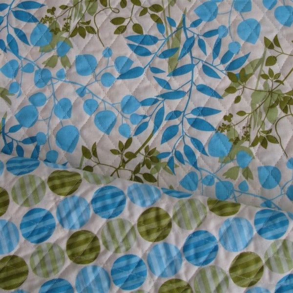 Double Faced Quilted Fabric - Cream, Blue, Green Polka Dots and Leaves - By the yard