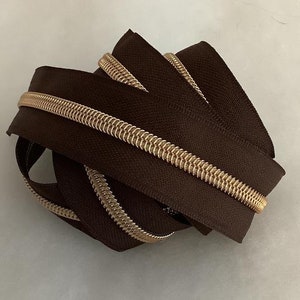 Zipper Tape -  by the yard - Dark Brown with Rose Gold or Antique Brass teeth- #5  Zipper Tape