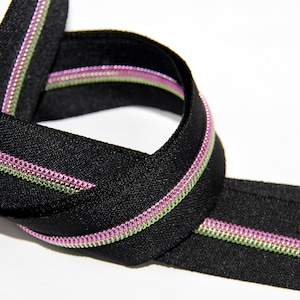 Zipper Tape -  by the yard - Black Tape - Hot Pink and Lime Teeth - #5 Black Zipper Tape