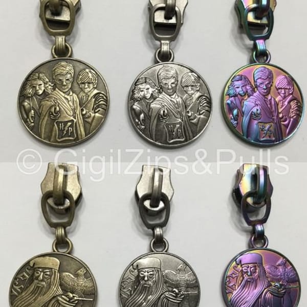 Wizard Kids and Teacher - Zipper Pulls - Size 5 - Matte Rainbow, Brass and Antique Silver