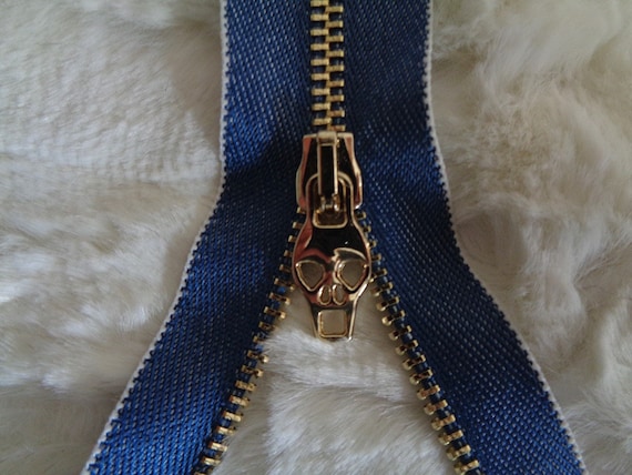 Skull Zipper - Blue Denim Zipper with Skull Pull - Denim Zipper - Skull Pull - 3 sizes