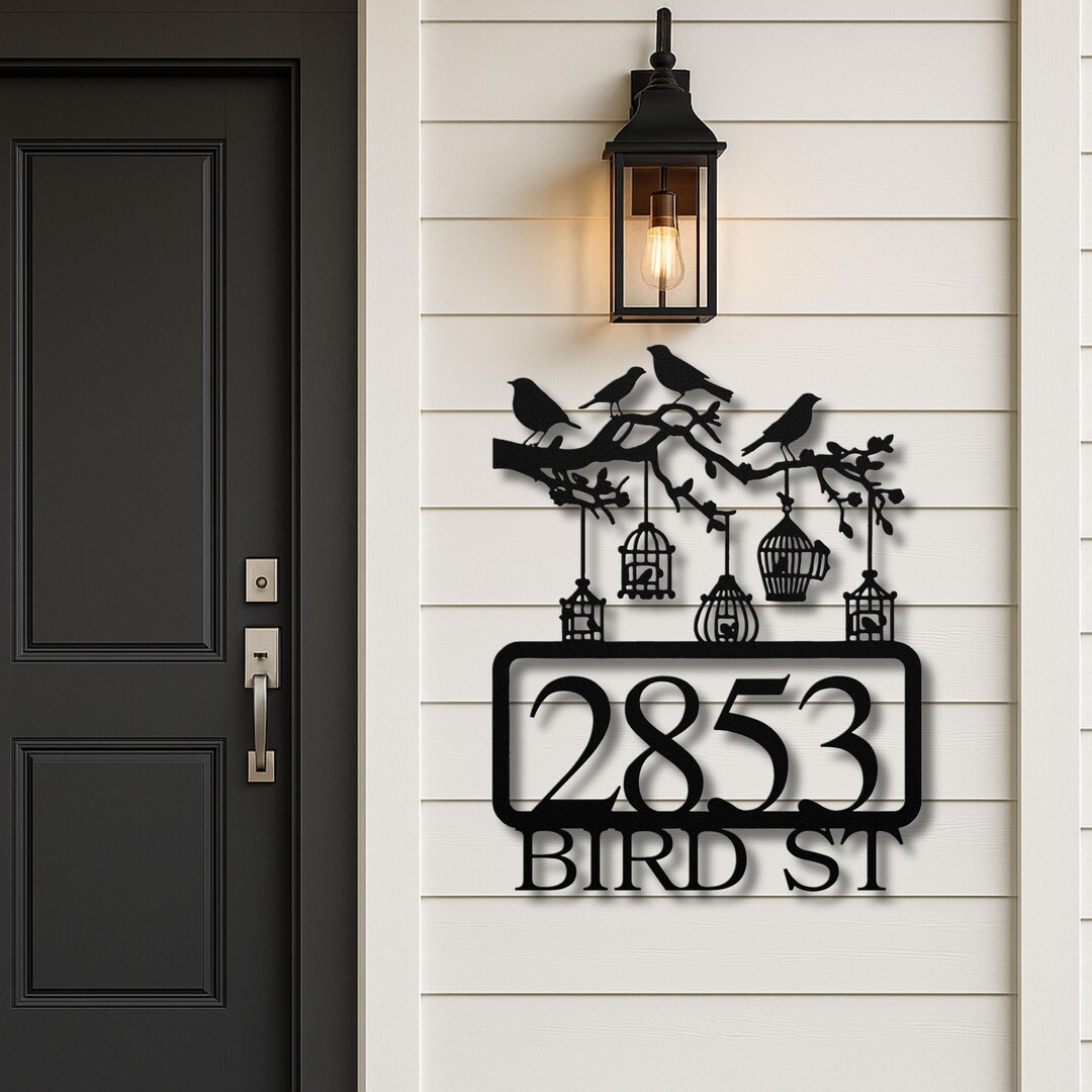 Personalized Bird Address Sign, Custom Metal House Numbers, Bird Cage ...