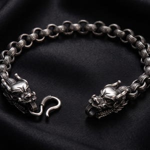 Sterling Silver Dragon Bracelet, Heavy Mythical Chain, Bold Men's Statement Jewelry