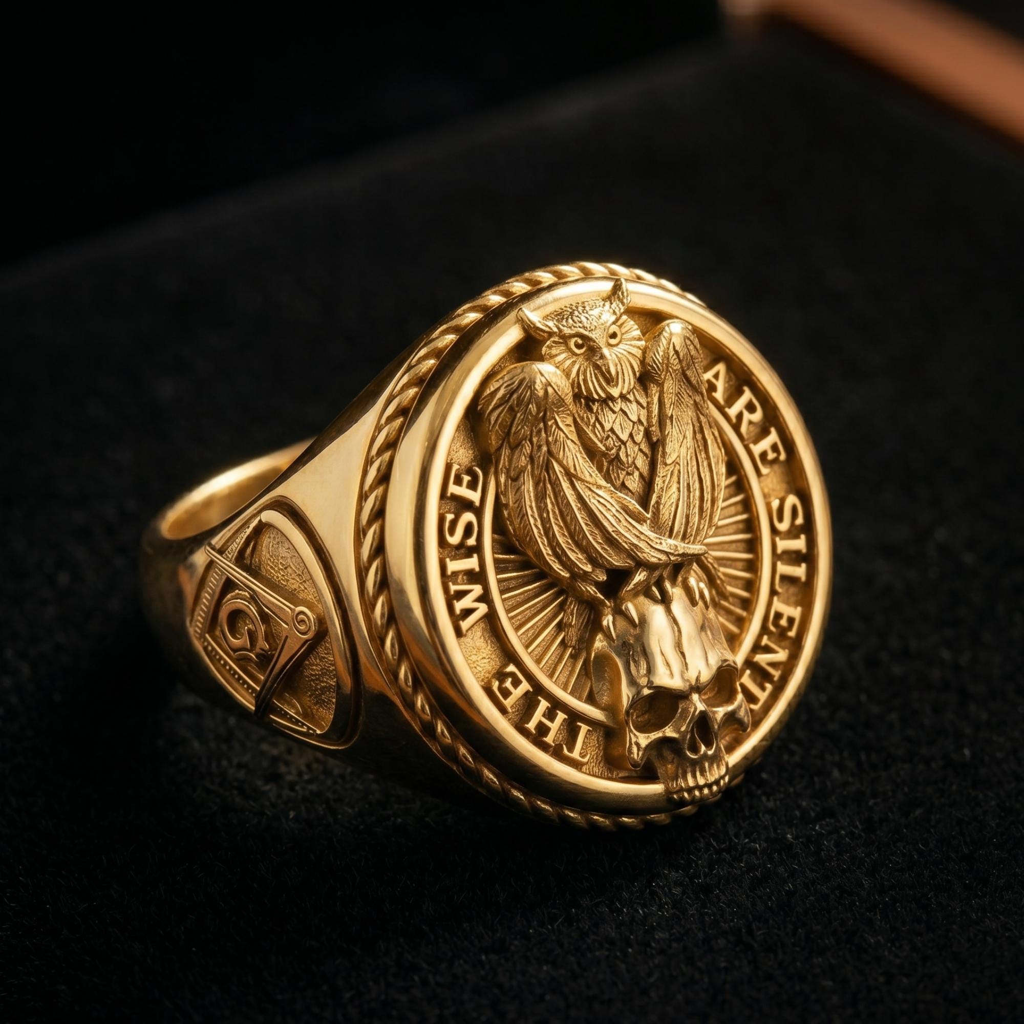 Sterling Silver Owl Skull Ring, Gothic Masonic Signet, 14K Gold Plated Gift