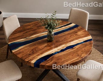 Blue Resin Dining Table | Handmade Epoxy River Table | Solid Wood Decor Table | Modern Luxury Furniture Blue Epoxy Resin Dining Table |