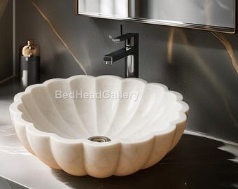 White Marble Sink Bowl | Handcarved Stone Wash Basin | Modern Bathroom Vanity Sink | Designer Vessel Basin |