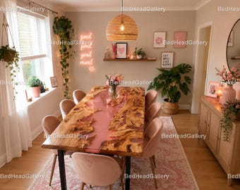 Pink Epoxy Resin Dining Table – Handmade Wood River Table – Modern Luxury Dining Furniture Live Edge Wood & Pink Resin Dining Tabletop |