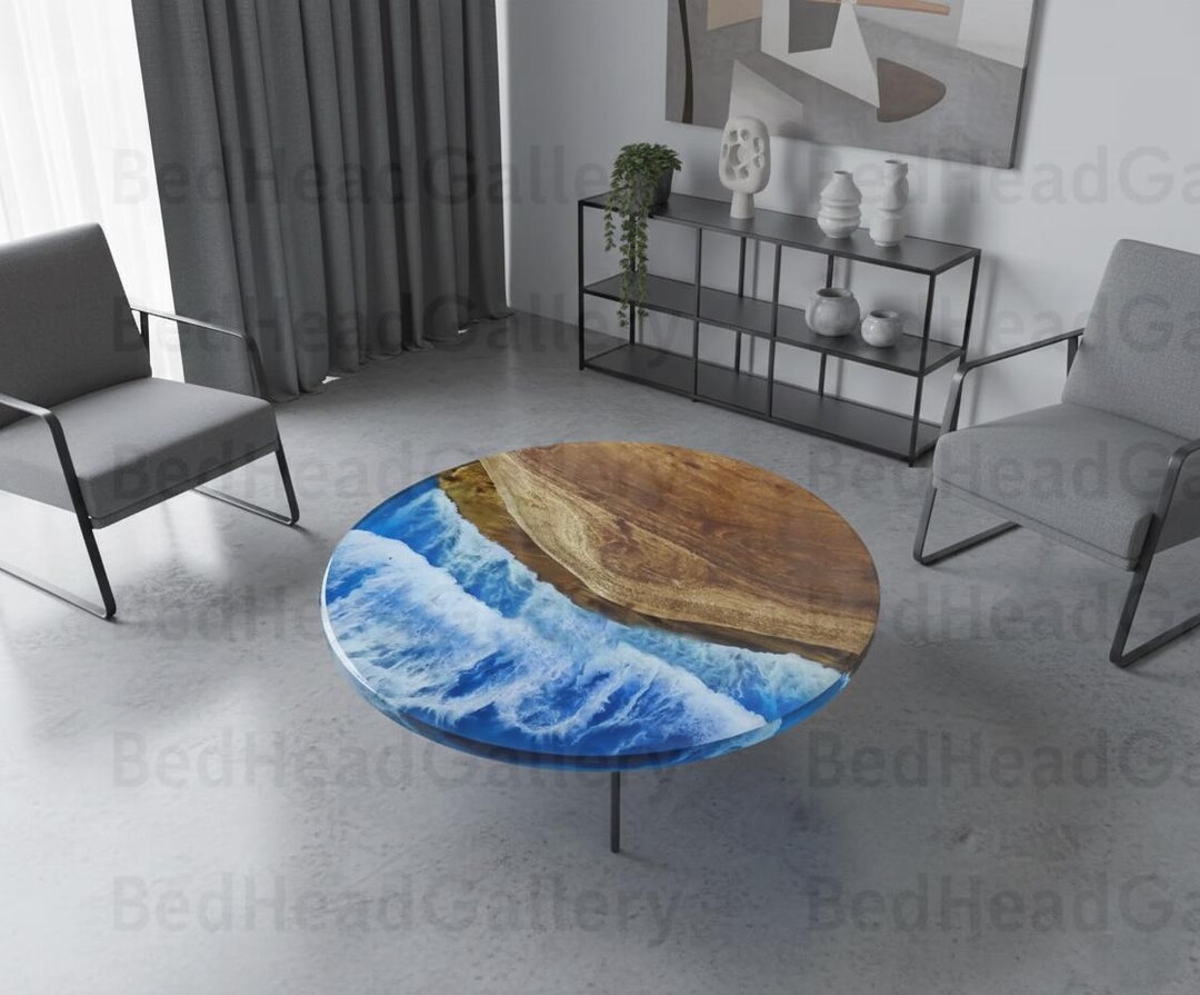 Ocean Wave Epoxy Resin Coffee Table | Coastal Art Wood Tabletop ...