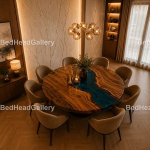Round Epoxy River Coffee Table, Walnut Wood Resin Table, Luxury Modern Living Room Table, Custom Handmade Live Edge Furniture Dining Table |