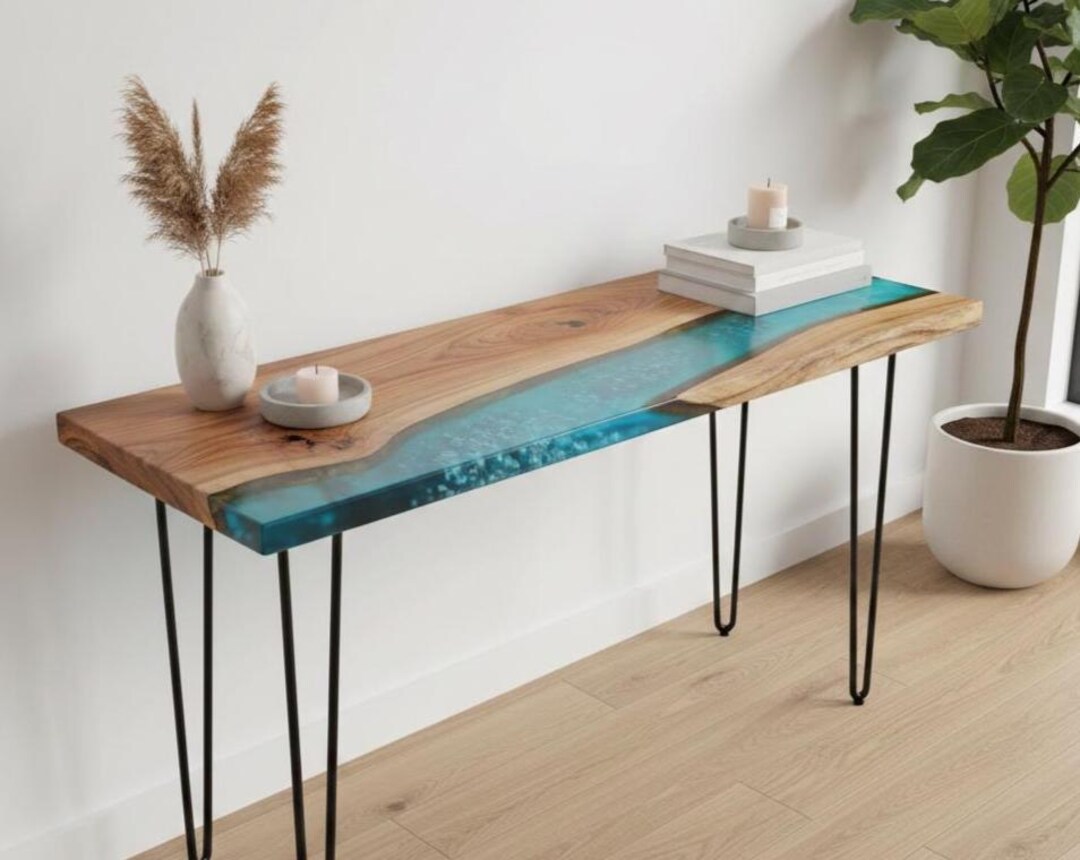 Rustic Live Edge Wood Console Table With Crystal-blue Epoxy | Modern ...