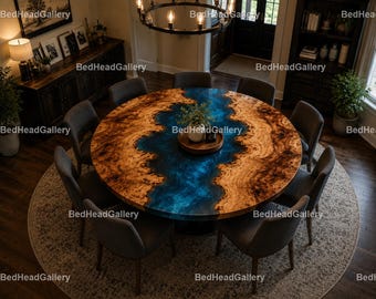 Round Blue Epoxy Coffee Table – Custom Resin Wood Table – Luxury Modern Farmhouse Living Room Furniture Wooden Epoxy Dining Tabletop |