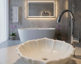 White Marble Flower Sink Bowl | Handcarved Lotus Basin | Bathroom Vessel | Modern Vanity Wash Bowl | Luxury Vanity Vessel | Bathroom Decor