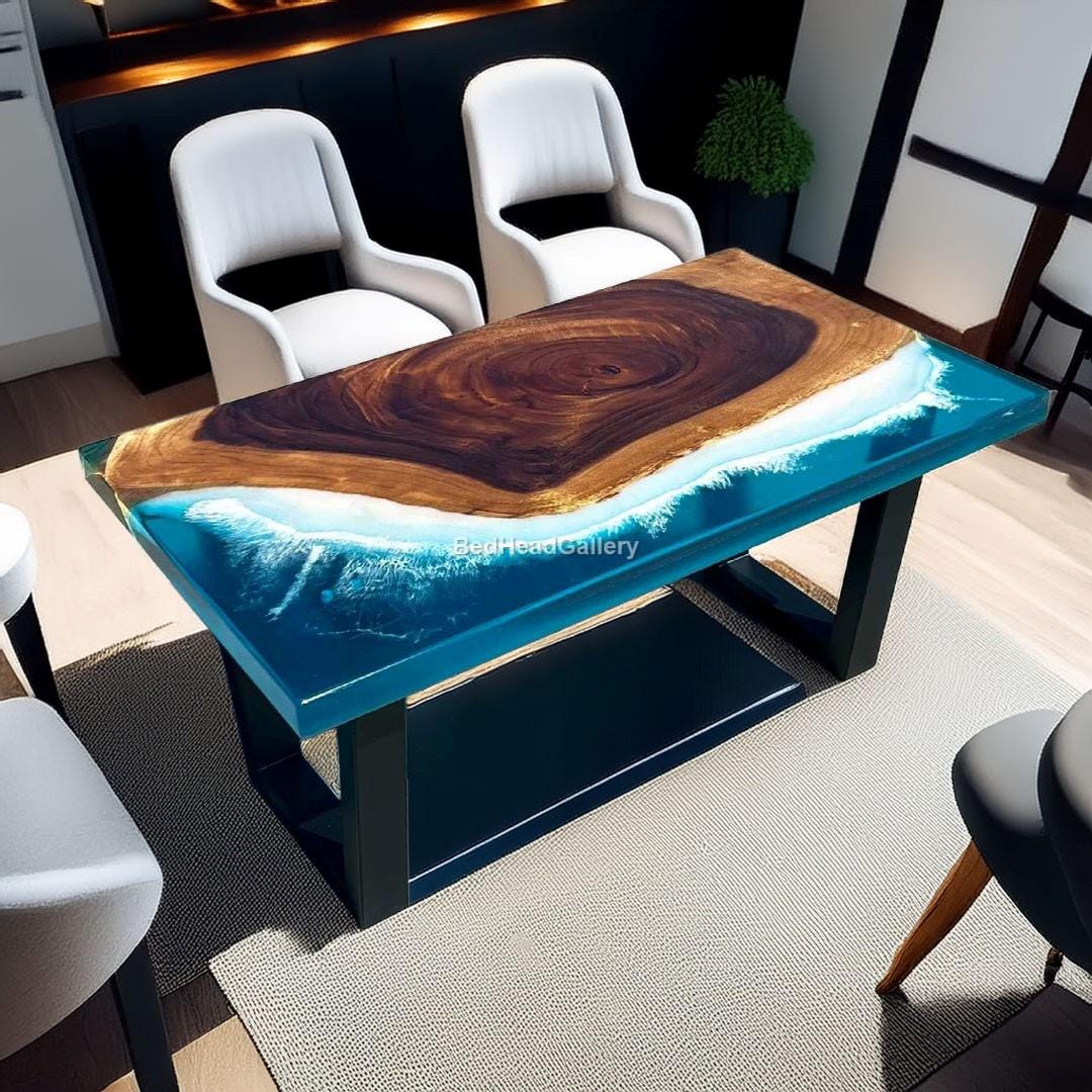 Ocean Wave Epoxy River Dining Table | Live Edge Wood & Deep Blue Resin ...