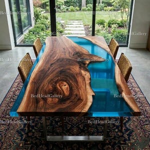 Live Edge Wood & Blue Epoxy River Dining Tabletop – Natural Walnut Slab Table – Luxury Statement Dining, Office Desk, Modern Home Table |
