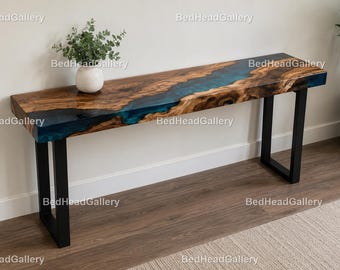 Blue Epoxy Resin Console Table | Live Edge Wood Entryway Table | Modern River Table Furniture Handmade Epoxy River Hallway Console Table