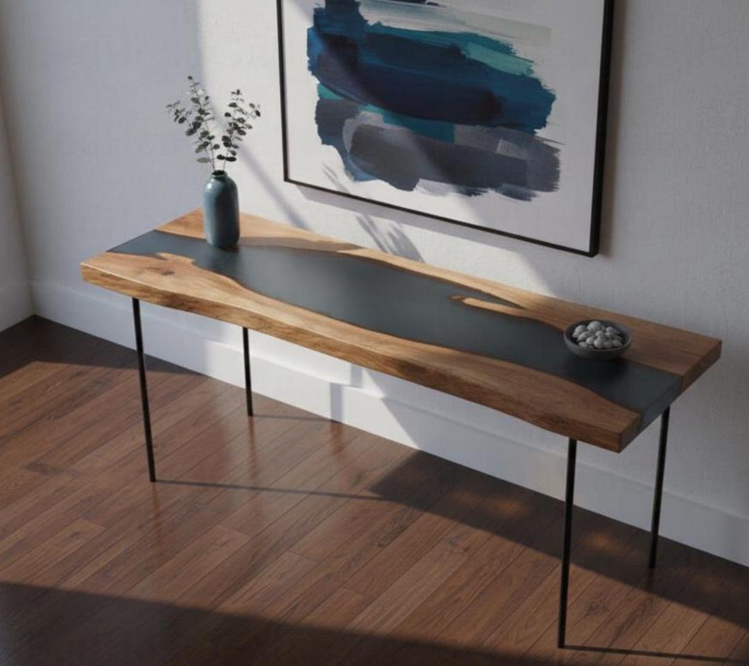Handcrafted Natural Wood Console Table With Matte Black Epoxy River ...
