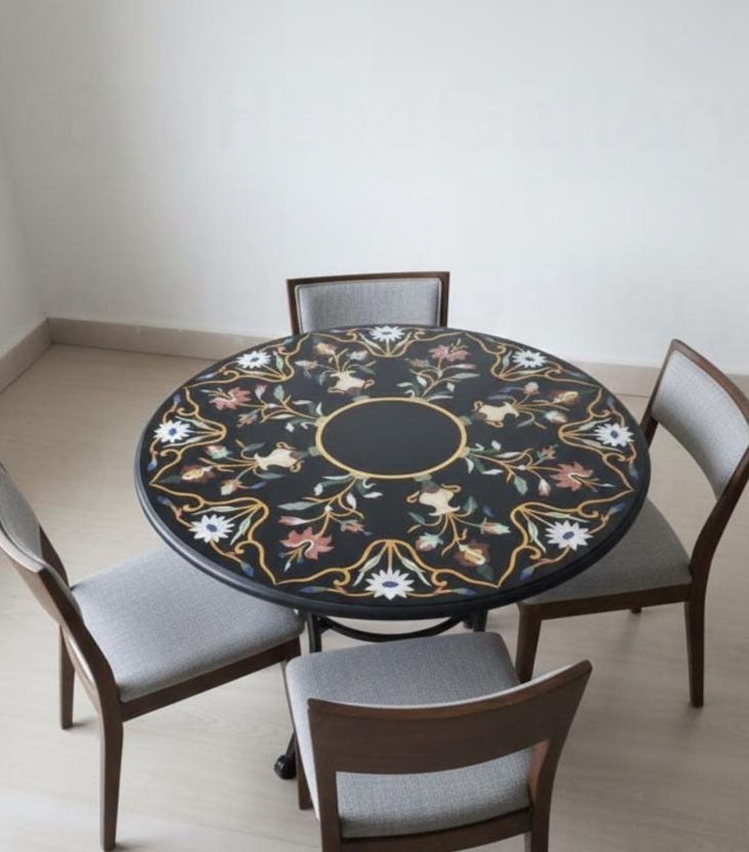 Luxury Round Black Marble Inlay Dining Table Set | Handcrafted Floral ...