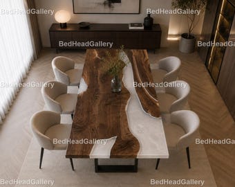 Black Walnut Epoxy River Table, Live Edge Dining Table, Modern Minimalist Luxury Coffee Furniture Handmade Resin River Dining Tabletop |