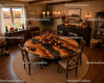 Rustic Round Epoxy River Wood Farmhouse Table, Handmade Resin Kitchen Table, Modern Country Dining Room, Fall Decor Aesthetic Table |