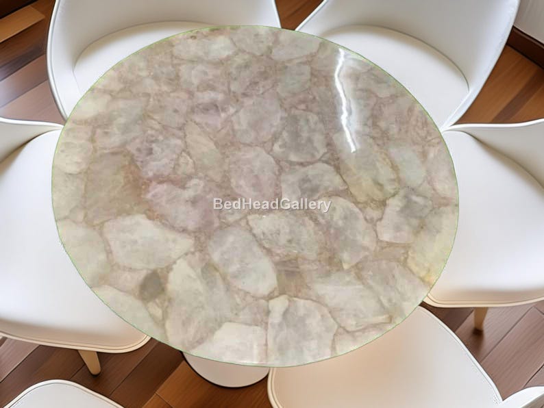 Custom White Quartzite Table Top | Light Pink Crystal Slab Furniture ...